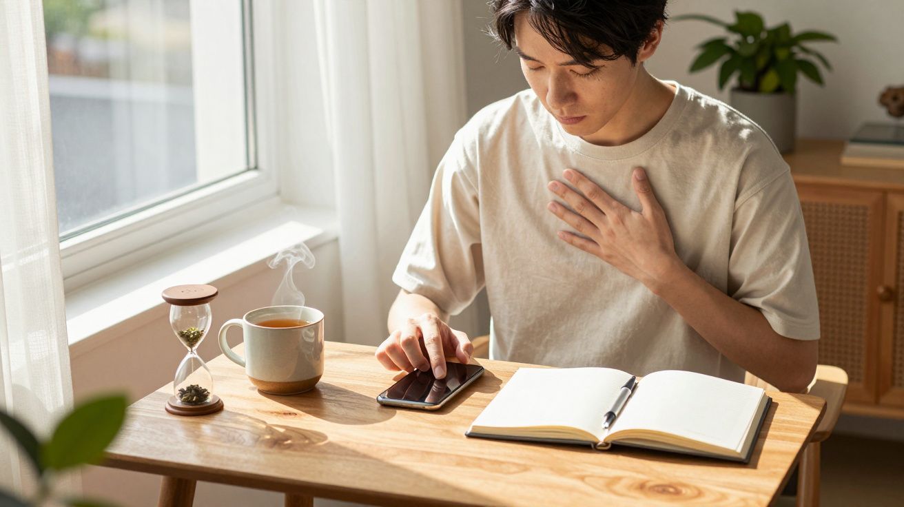 Mężczyzna przy biurku z telefonem, notatnikiem i filiżanką herbaty. Obok klepsydra. W tle okno i roślina.