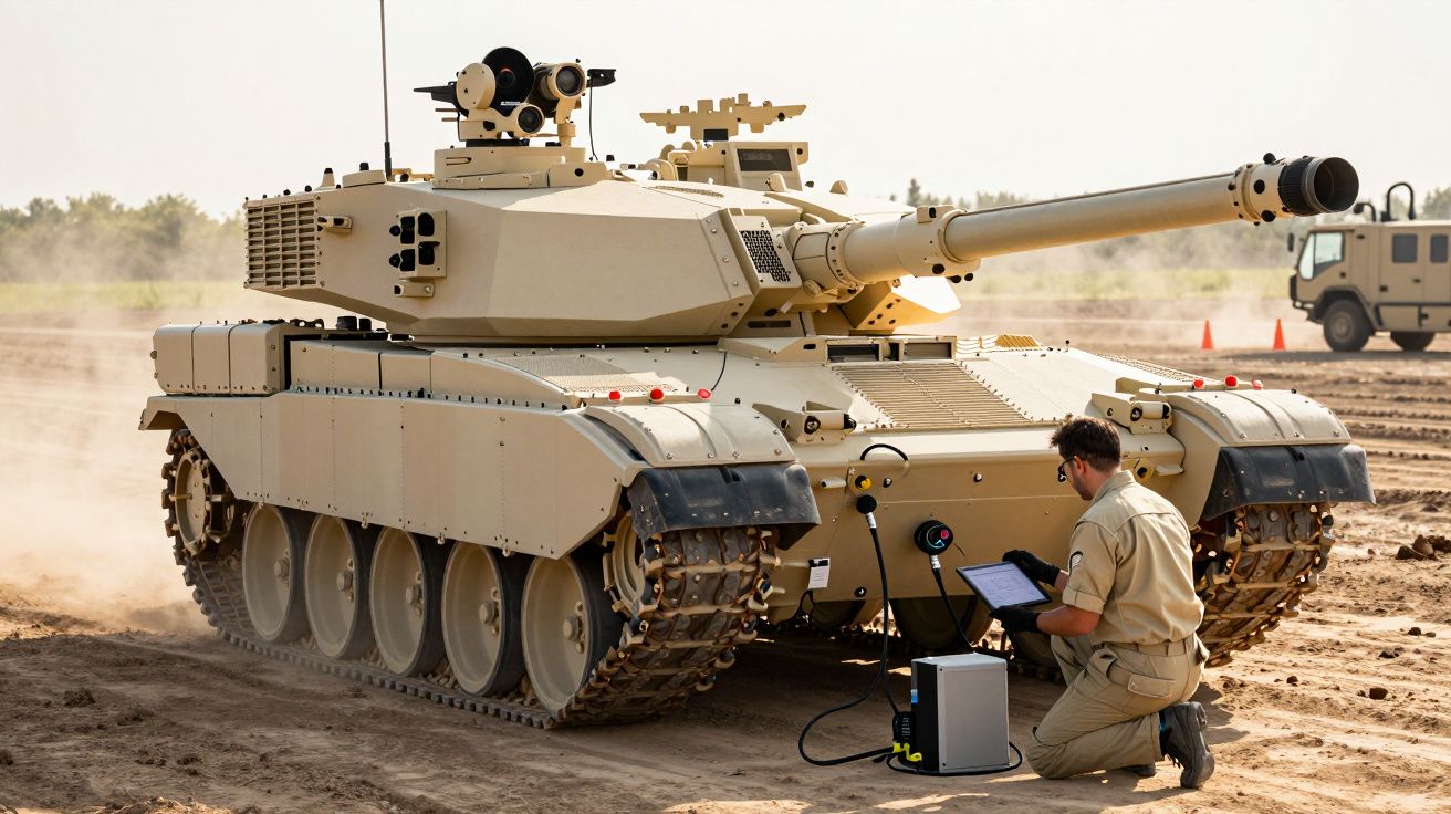 Mężczyzna obsługujący czołg na pustynnym poligonie, klęczy obok sprzętu elektronicznego.