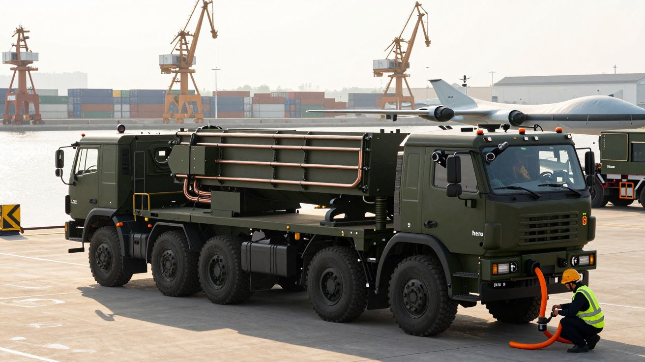 Ciężarówka wojskowa z systemem uzbrojenia na nadwoziu, stojąca na nabrzeżu portowym, obok pracujący technik.