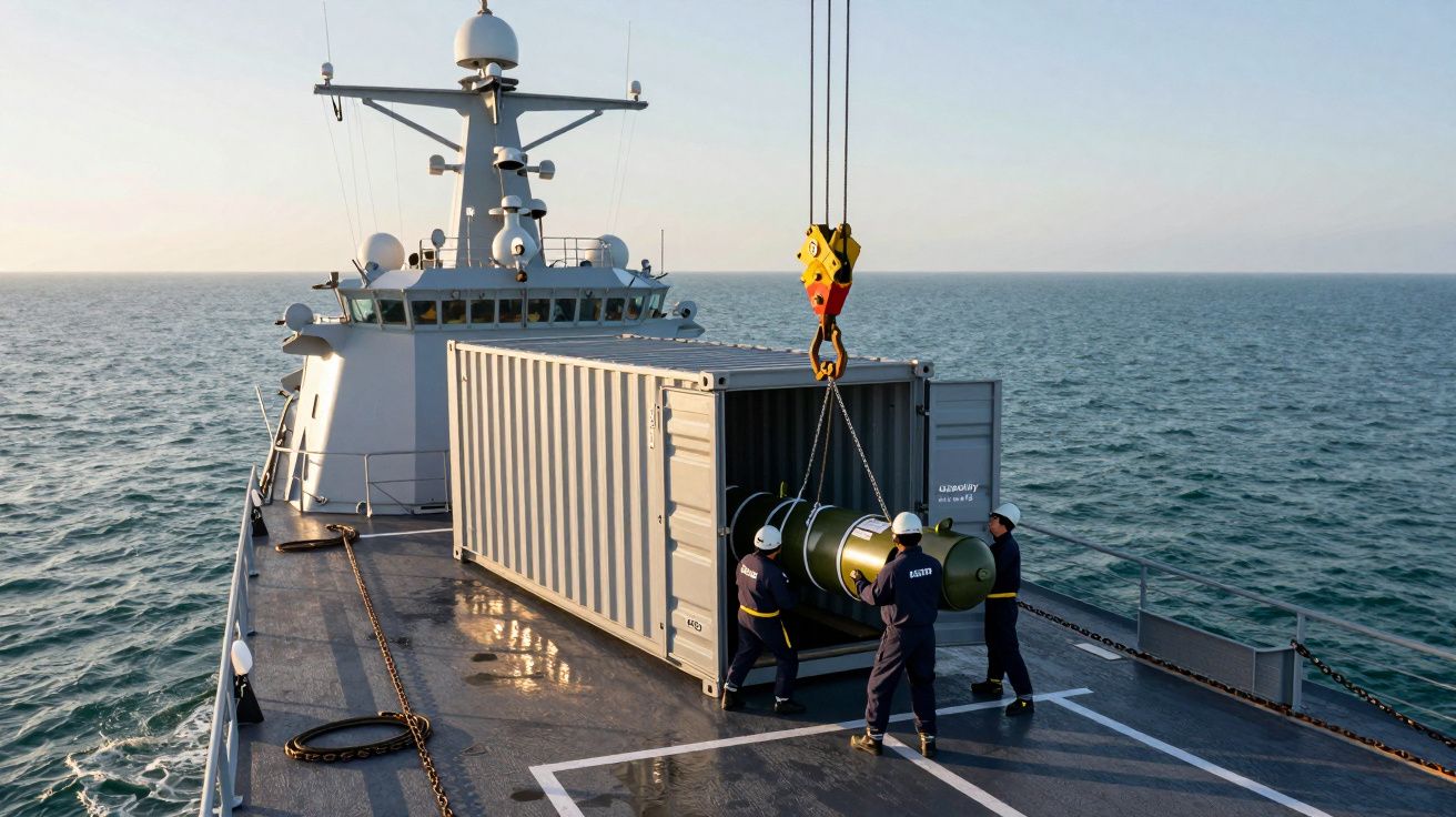 Marynarze ładują pocisk do kontenera na pokładzie okrętu na morzu.