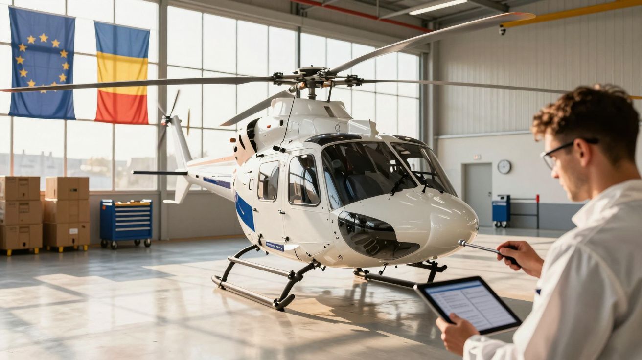 Mężczyzna z tabletem przy białym helikopterze w hangarze, z flagami UE i Rumunii.