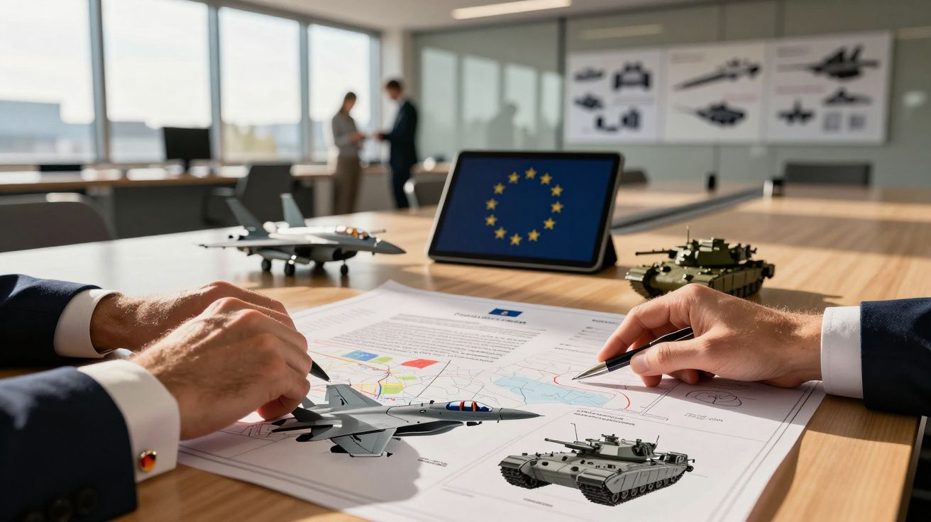 Makieta samolotów i czołgów na dokumentach z mapami na stole, tablet z flagą UE w tle.