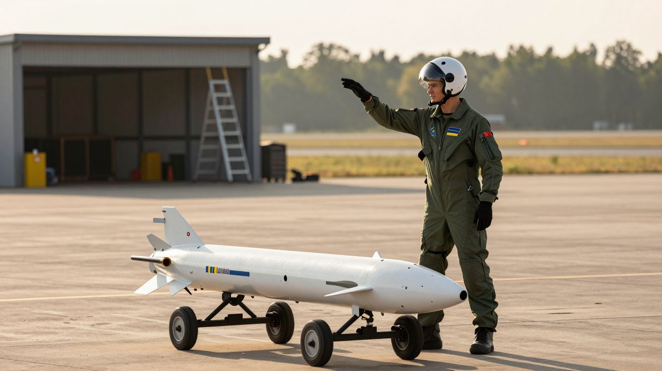 Pilot w kombinezonie lotniczym na lotnisku prowadzi makietę pocisku na wózku.