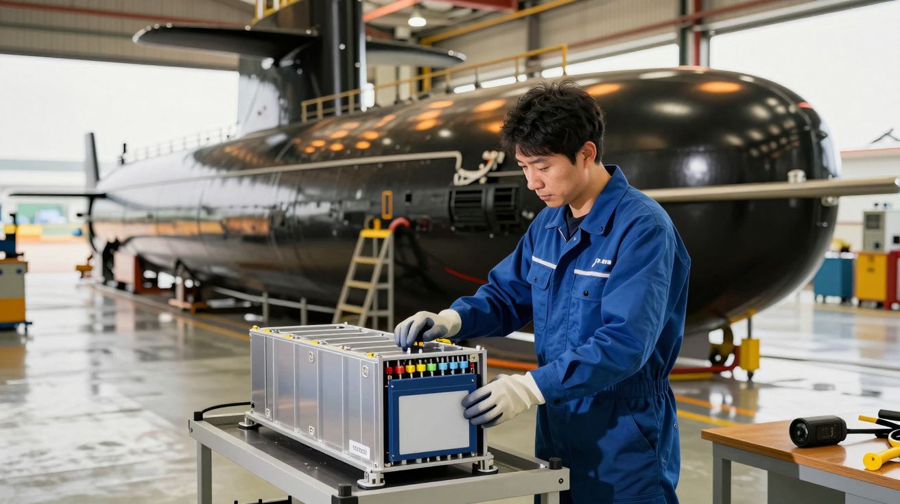 Technik w niebieskim kombinezonie pracuje nad urządzeniem elektronicznym w hali z dużą łodzią podwodną w tle.