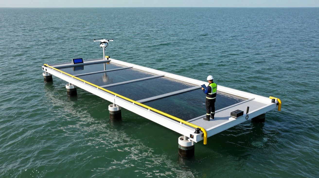 Osoba na platformie solarnej na morzu, obsługująca drona.