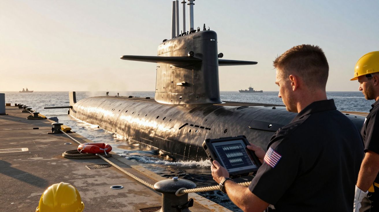 Mężczyzna z tabletem nadzorujący łódź podwodną przycumowaną w porcie, inni ludzie w kaskach wokół.