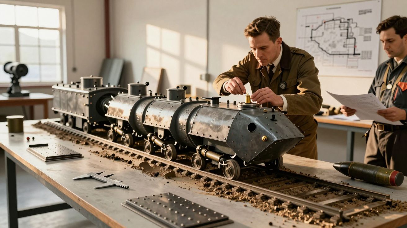 Dwóch mężczyzn pracuje nad metalowym modelem pociągu opancerzonego na stole warsztatowym w jasnym pomieszczeniu.