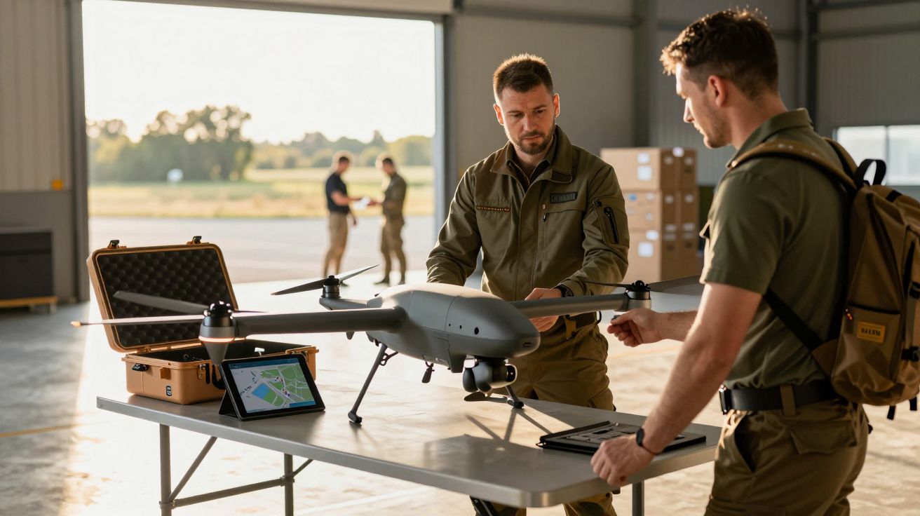 Dwóch mężczyzn w mundurach przygotowuje dron na stole w hangarze, obok otwarta walizka z tabletem.