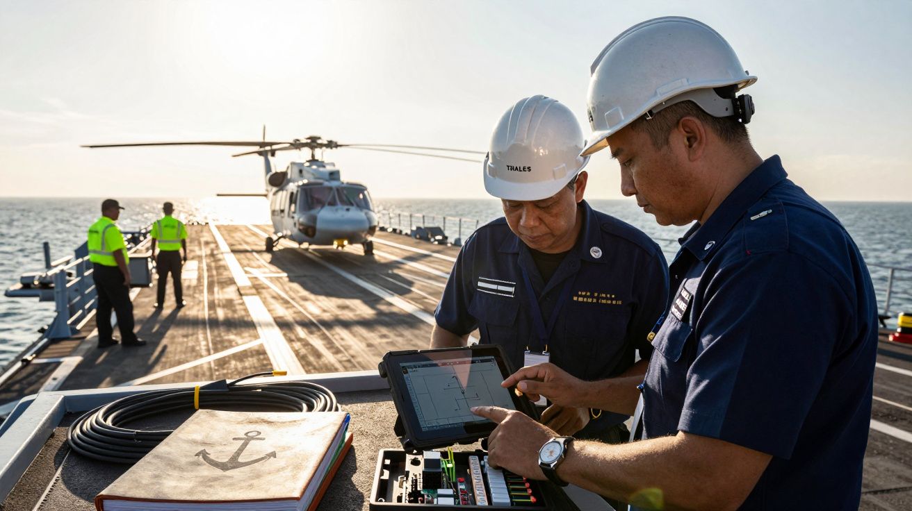Dwóch mężczyzn w kaskach na pokładzie statku z helikopterem, patrzą na tablet.