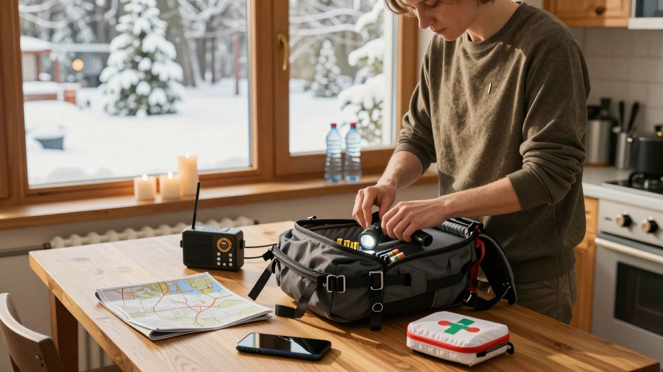 Osoba pakuje torbę na stołu, obok mapa, radio, telefon, apteczka. W tle zimowy krajobraz za oknem.