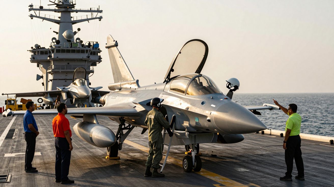 Myśliwiec na pokładzie lotniskowca, otoczony przez czterech mężczyzn, przygotowuje się do startu.