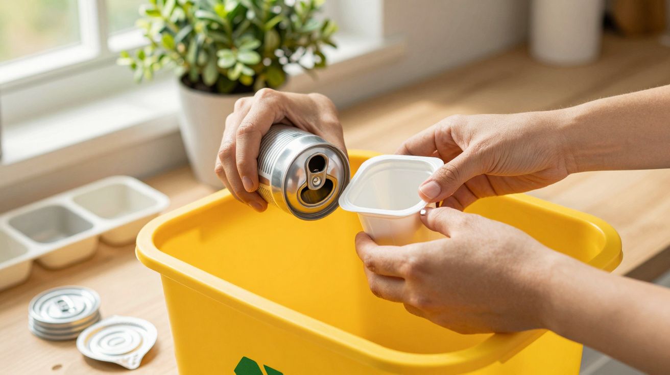 Osoba segregująca odpady, trzyma metalową puszkę i plastikowy pojemnik nad żółtym koszem do recyklingu.