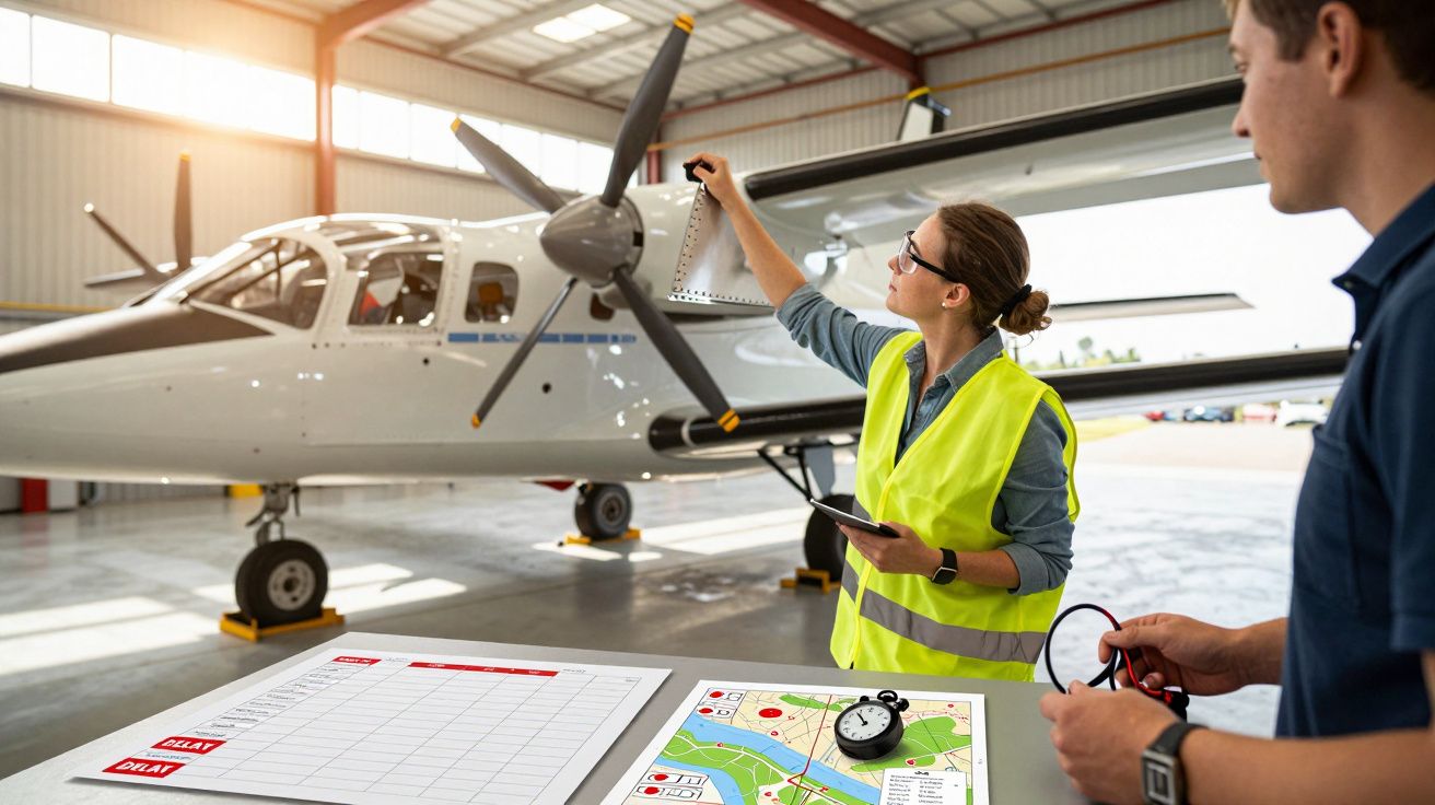 Technicy w hangarze lotniczym sprawdzają samolot; kobieta z tabletem, mężczyzna z kartą kontrolną.