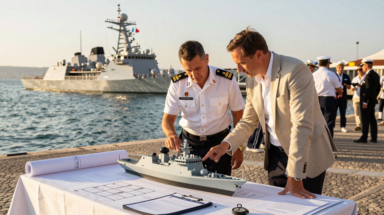 Dwaj mężczyźni przy stole omawiają model statku; w tle pływa fregata wojskowa na morzu.