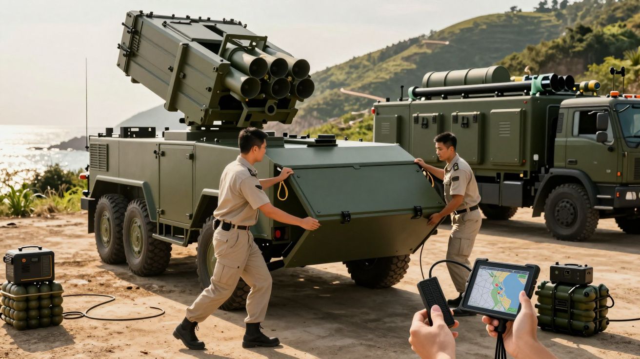 Dwóch mężczyzn w mundurach obsługuje pojazd wojskowy z wyrzutnią rakiet na tle gór i morza.