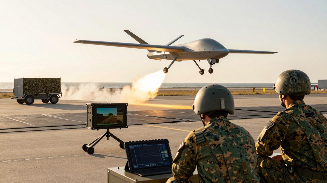 Żołnierze w kamuflażu sterują dronem bojowym startującym z lotniska przy użyciu laptopa i ekranu.