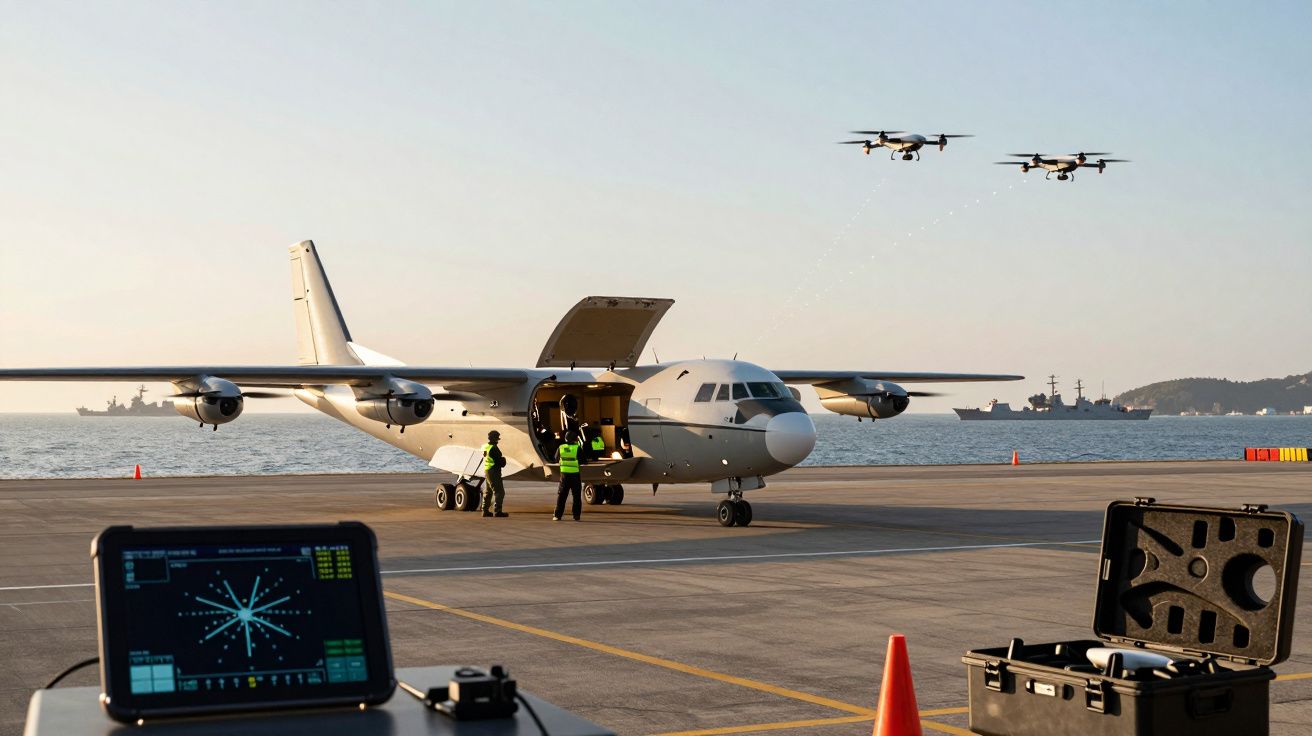 Samolot na pasie startowym przy morzu, otwarte drzwi ładunkowe, w tle dwa drony i okręty marynarki wojennej.