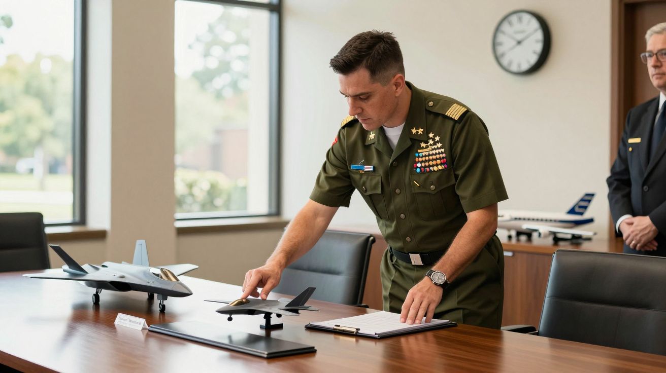 Żołnierz w mundurze ogląda model samolotu na stole w sali konferencyjnej, w tle inny mężczyzna i zegar na ścianie.