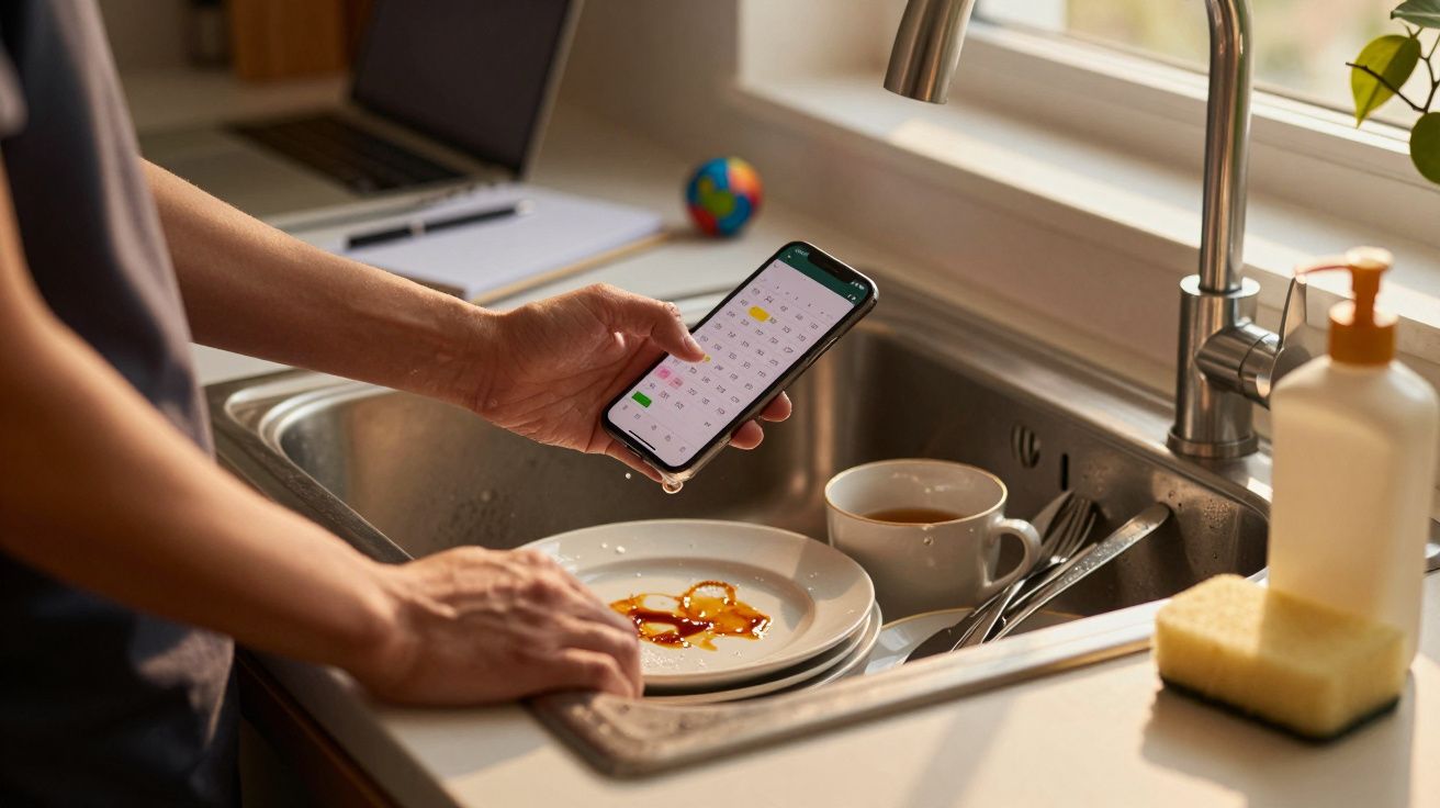 Osoba z telefonem komórkowym nad zlewem pełnym naczyń w kuchni, obok mydło i gąbka.