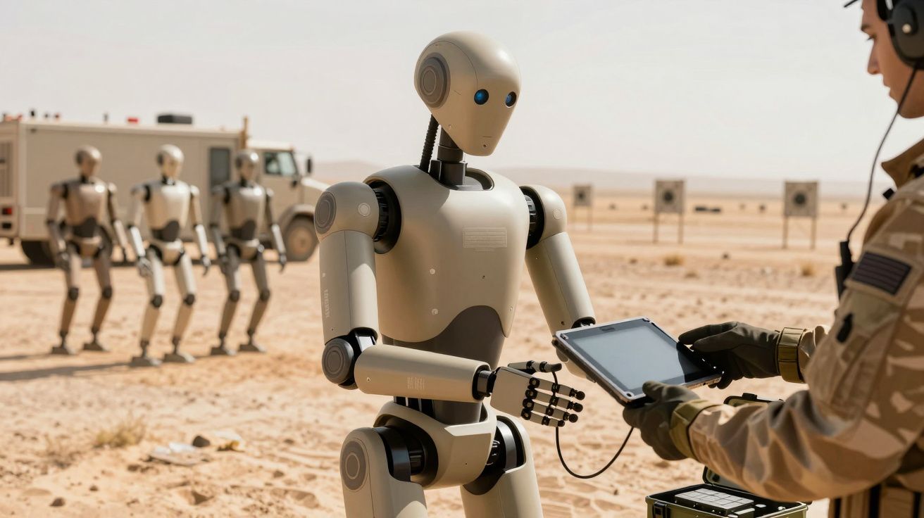 żołnierz obsługujący robota w pustynnym terenie, w tle kilka innych robotów i ciężarówka