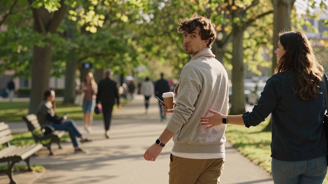 Mężczyzna z kubkiem kawy idzie alejką parku w słoneczny dzień, towarzyszy mu kobieta. Na ławce siedzą inni ludzie.