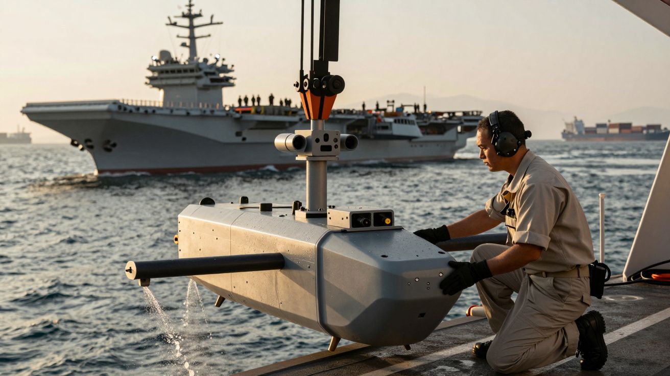 Mężczyzna w mundurze przygotowujący dron morski na pokładzie statku, w tle lotniskowiec na morzu.