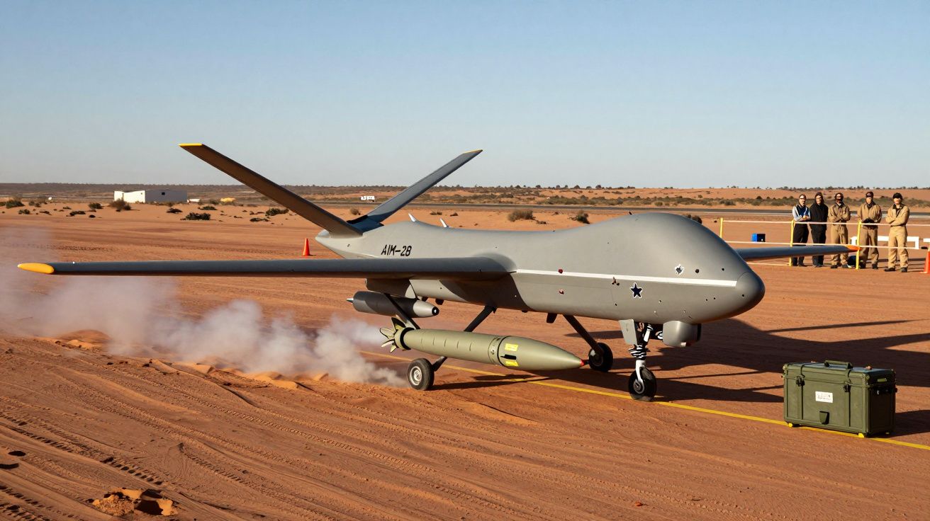 Bezzałogowy dron na pustyni z rakietą, w tle grupa ludzi.