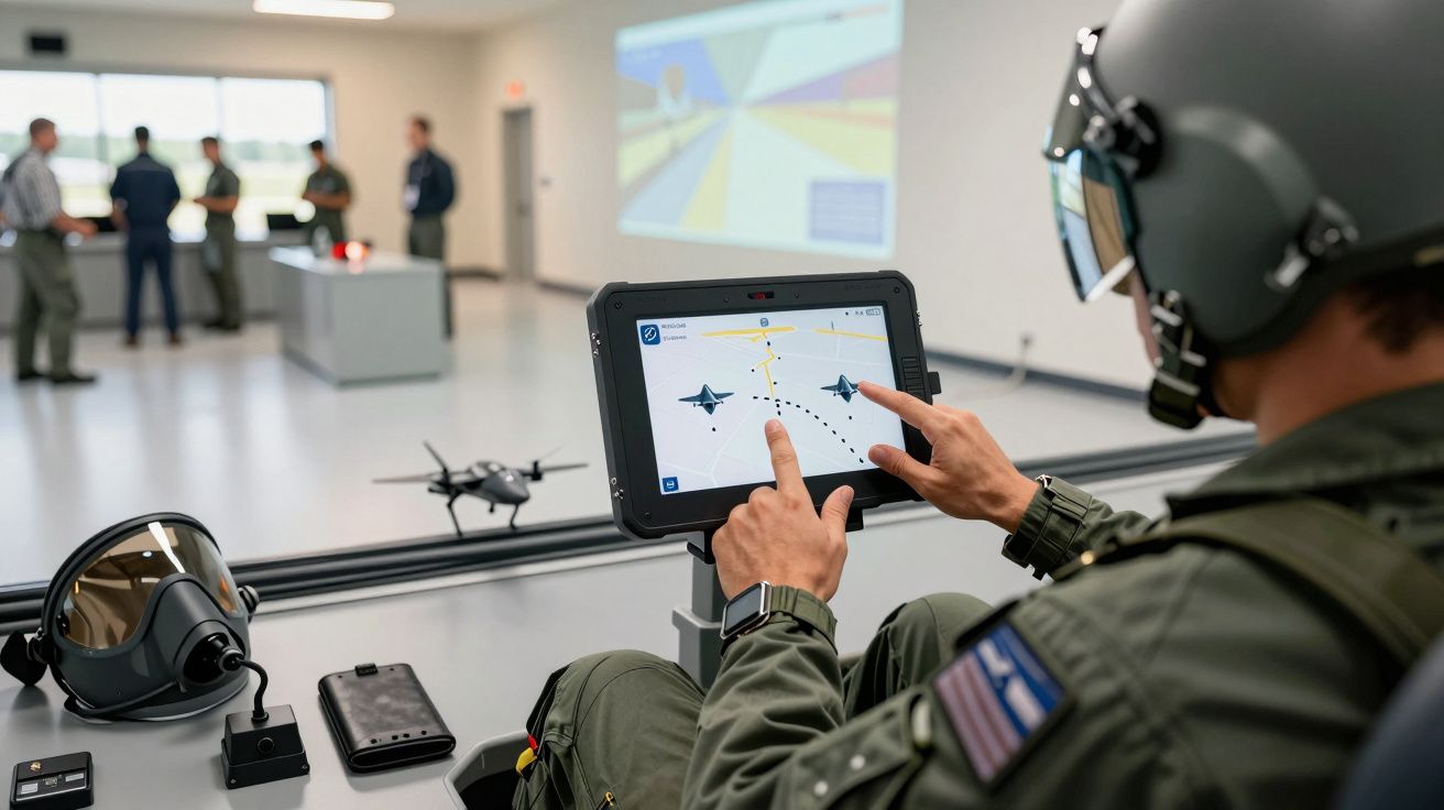 Pilot w hełmie obsługuje tablet, planując trasę drona, w tle grupa osób w sali szkoleniowej.