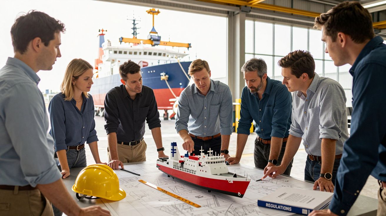 Grupa ludzi omawia model statku na tle większego statku w hangarze.