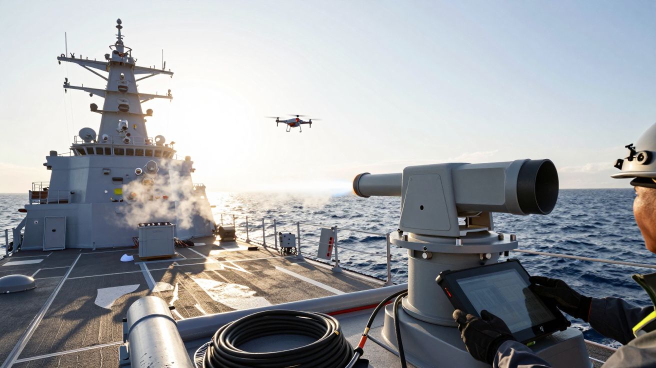 Osoba sterująca dronem na pokładzie okrętu wojennego na morzu przy zachodzącym słońcu.