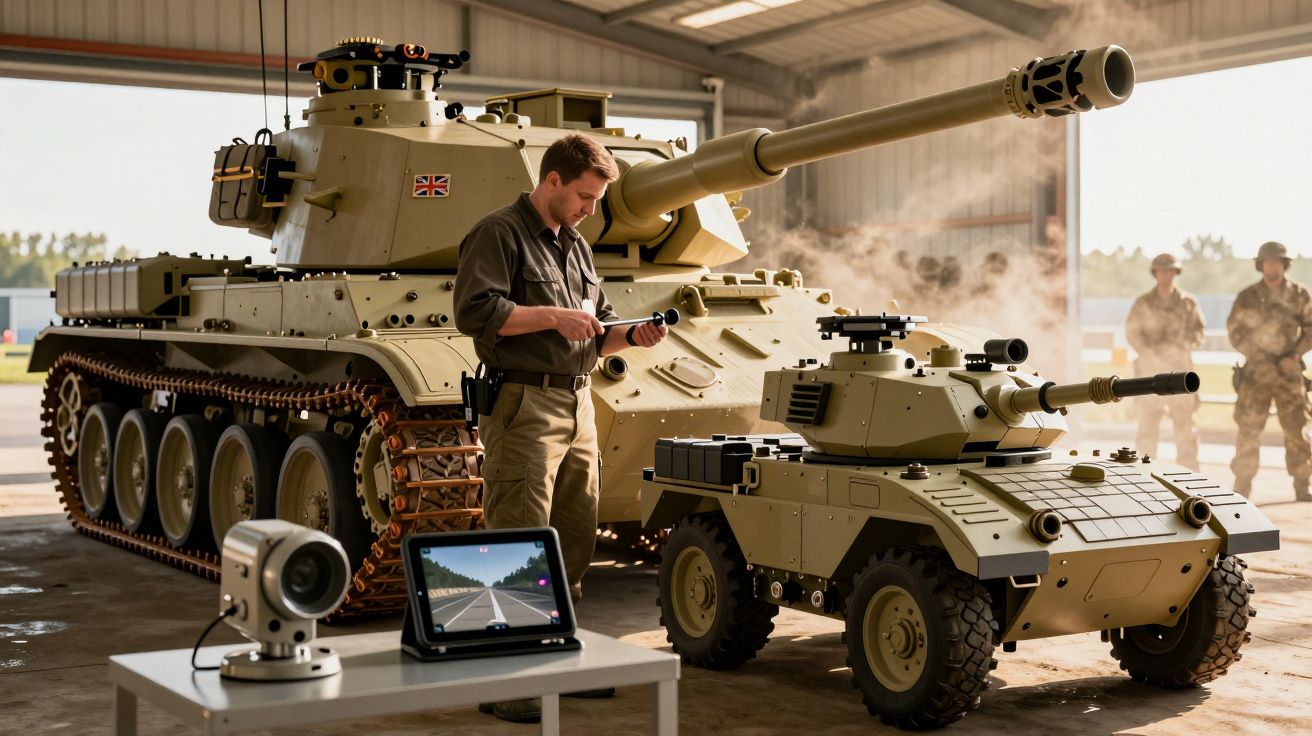 Mężczyzna w warsztacie bada modele czołgów, obok znajduje się laptop z wyświetlaczem.