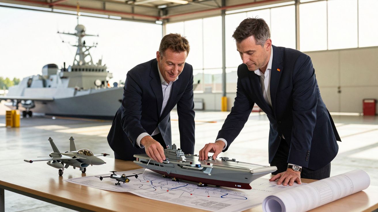 Dwóch mężczyzn w garniturach omawia modele okrętu i samolotów na stole z mapą w hangarze.