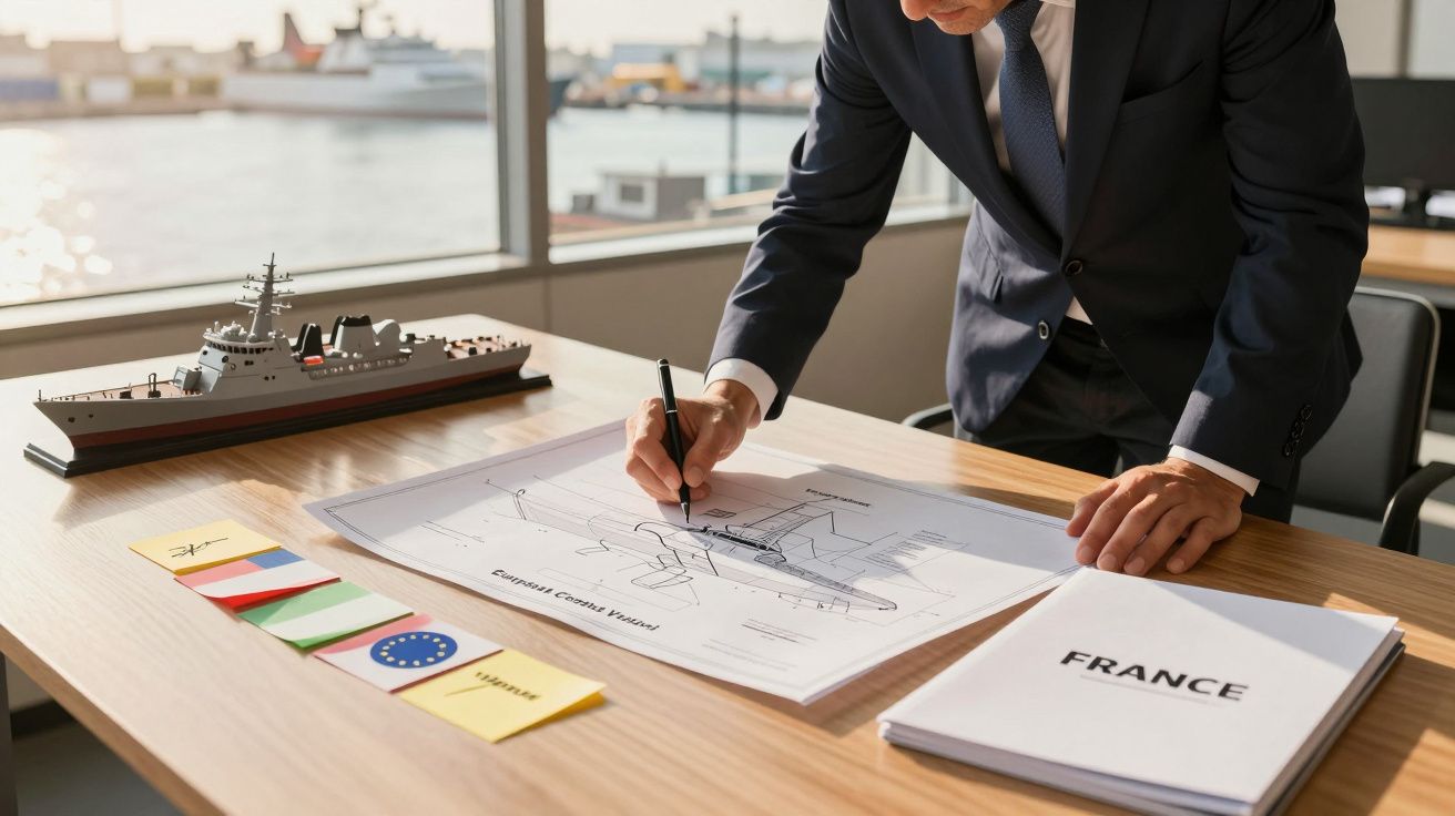 Mężczyzna w garniturze pracuje nad planem statku w biurze. Na biurku model statku i plik oznaczony "France".