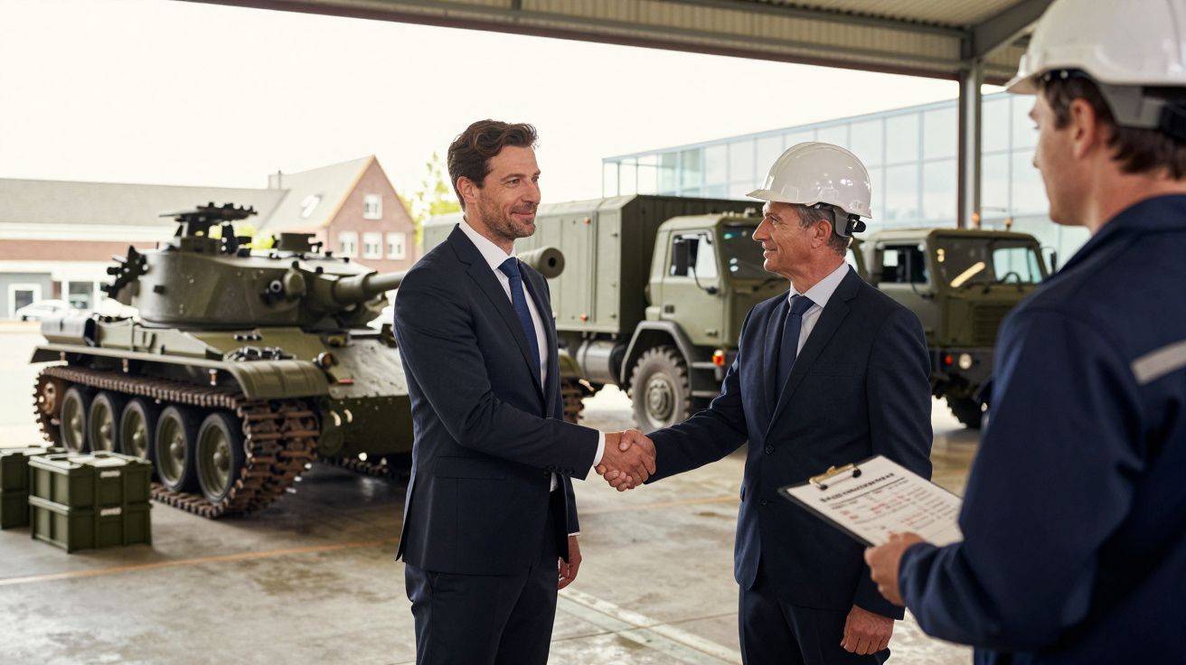 Dwaj mężczyźni w garniturach podają sobie ręce w hangarze, z czołgiem i ciężarówkami w tle, dwie inne osoby obserwują.