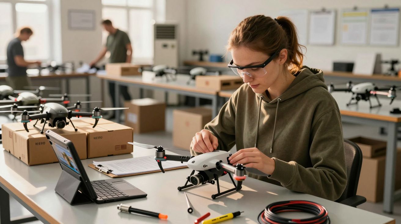 Kobieta w laboratorium naprawia drona, przed nią laptop, śrubokręt i kable. W tle osoby pracujące przy stołach.