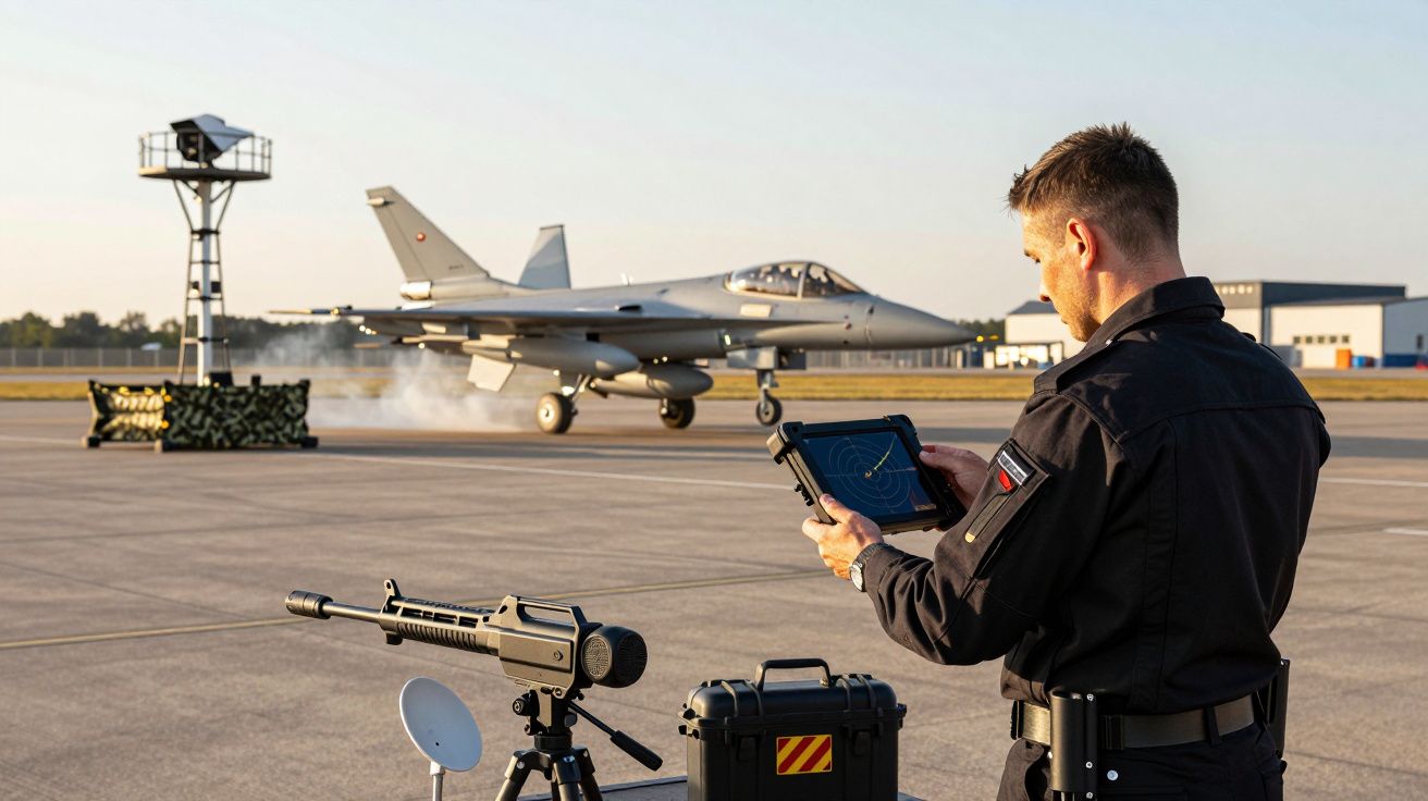 Mężczyzna w czerni obsługuje urządzenie, myśliwiec wojskowy na pasie startowym w tle, jasne niebo.
