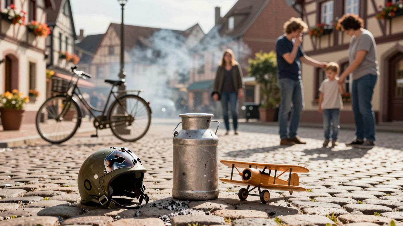 Hełm, metalowa bańka i zabawkowy samolot na brukowanej ulicy, w tle rower i rozmawiający ludzie.