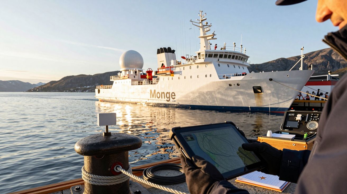 Osoba trzyma tablet na tle statku badawczego "Monge" przycumowanego w porcie, otoczonego górami.