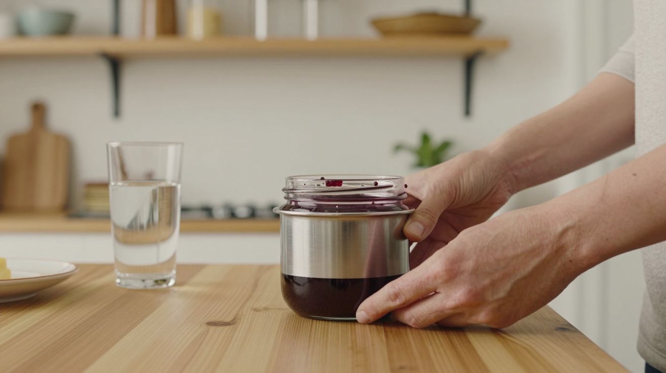 Osoba otwierająca słoik z dżemem na drewnianym stole, w tle szklanka wody i półka kuchenna.