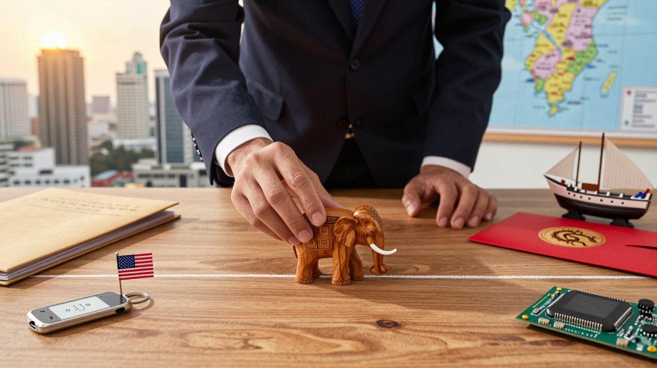 Mężczyzna w garniturze przesuwa figurkę słonia, biurko z mapą i miniaturową flagą USA w tle.