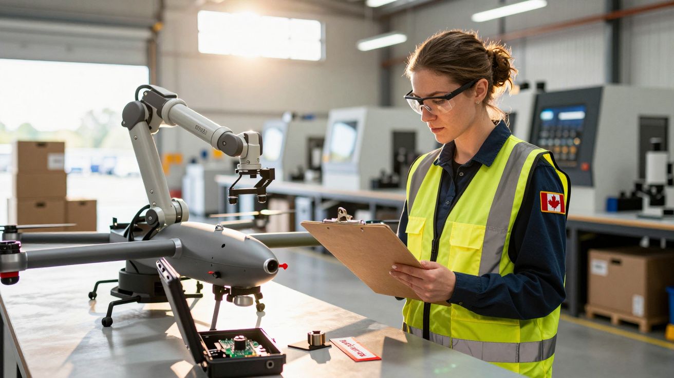 Inżynierka w kamizelce odblaskowej sprawdza dane na clipboardzie obok robota przemysłowego w hali produkcyjnej.