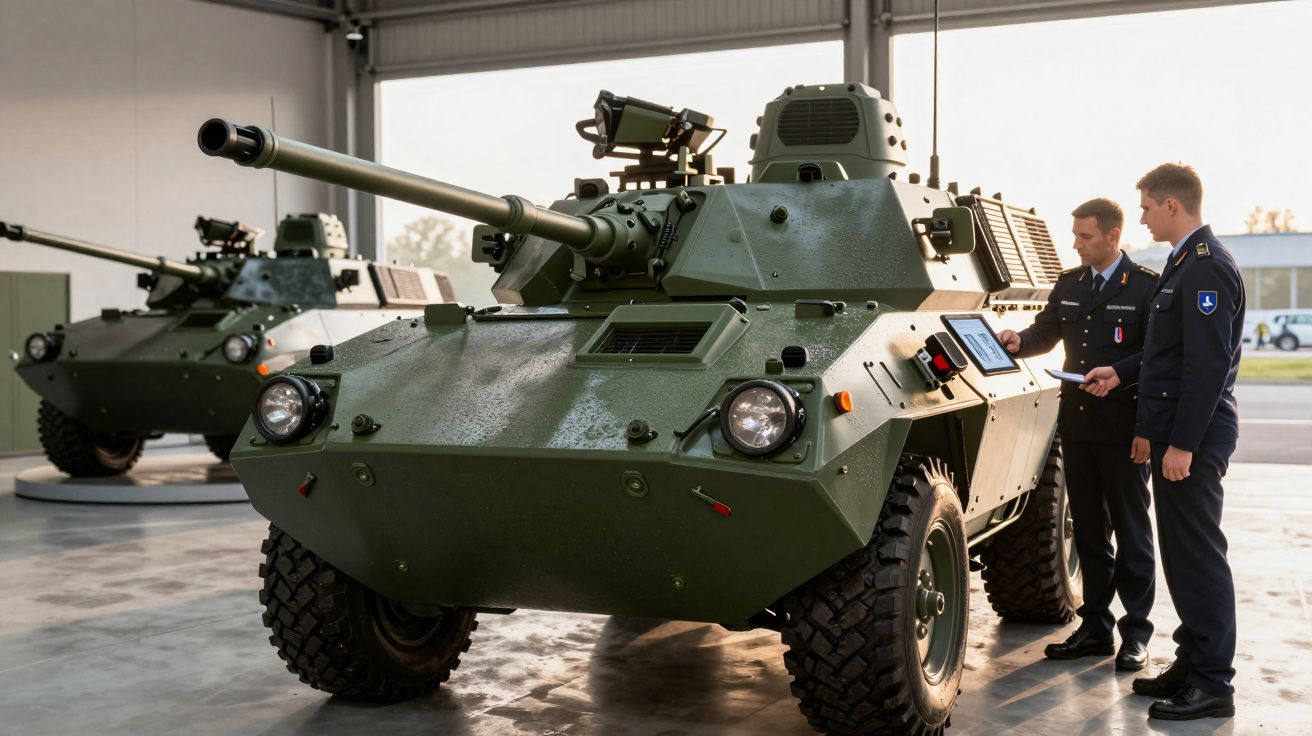 Ludzie w mundurach oglądają zielony pojazd opancerzony w hali wystawowej.