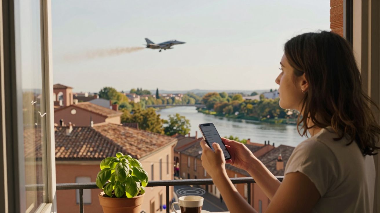Kobieta z telefonem patrząca na samolot nad rzeką z balkonu z rośliną i filiżanką kawy.