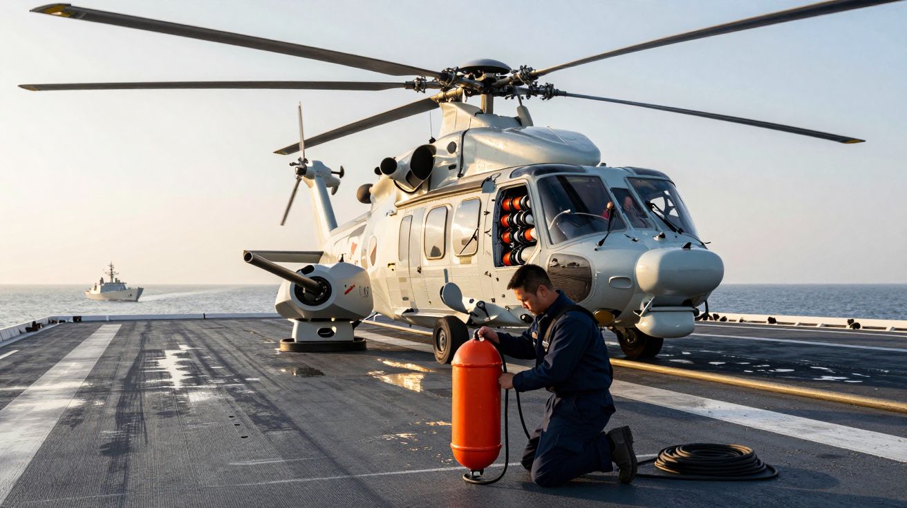 Helikopter na pokładzie lotniskowca, technik w mundurze pracuje przy przewodzie, w tle widoczny ocean i statek.