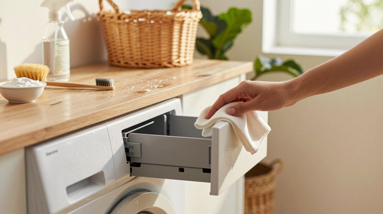 Osoba wyciera szufladę pralki w jasnej, domowej łazience z roślinami i koszykiem na ręczniki.