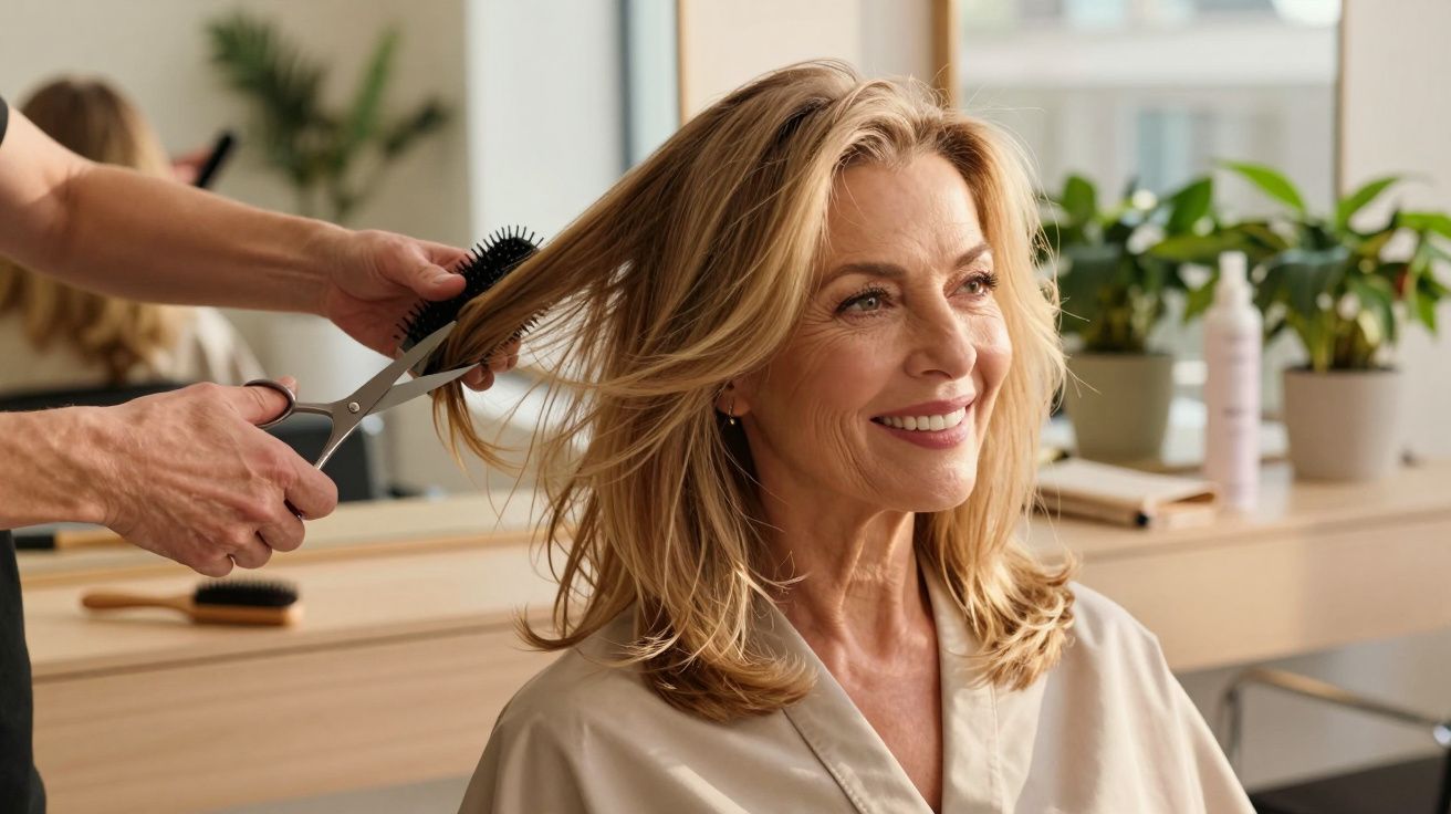 Kobieta z uśmiechem siedzi w salonie fryzjerskim, fryzjer rozczesuje jej włosy grzebieniem.