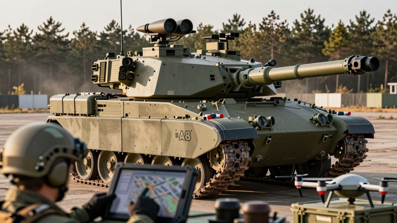 Czołg wojskowy na placu manewrowym, żołnierz obsługujący drona za pomocą tabletu, w tle drzewa.