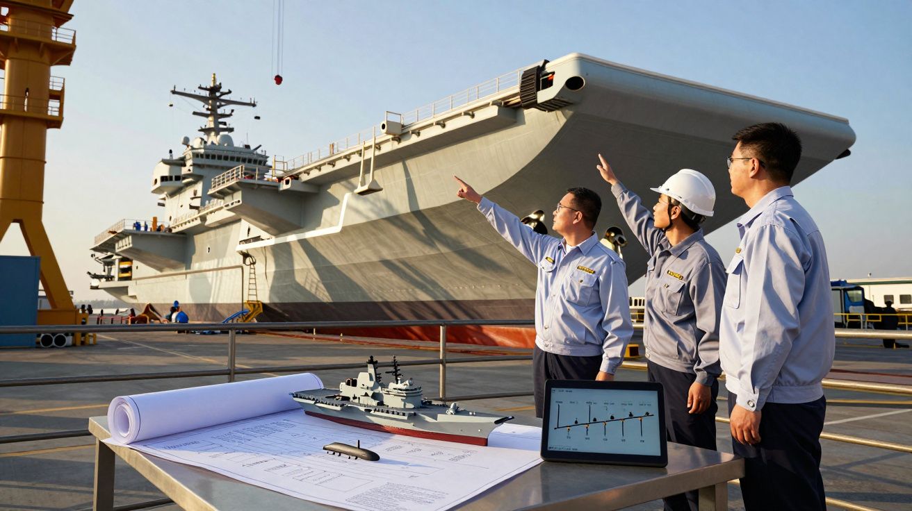 Trzech mężczyzn w stoczni pokazuje w stronę dużego lotniskowca, na stole plan statku i model.