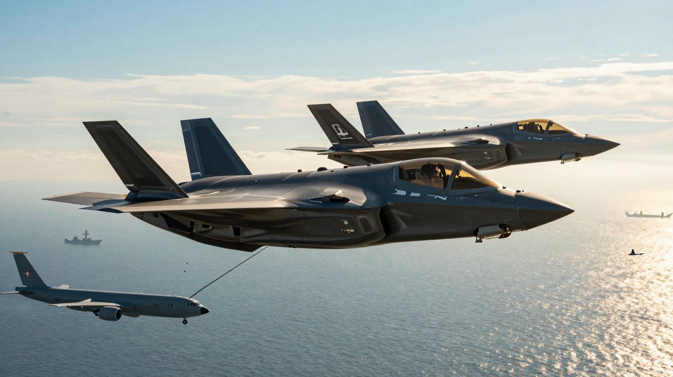 Samoloty wojskowe nad oceanem podczas lotu; jedno tankuje w powietrzu z samolotu tankującego.