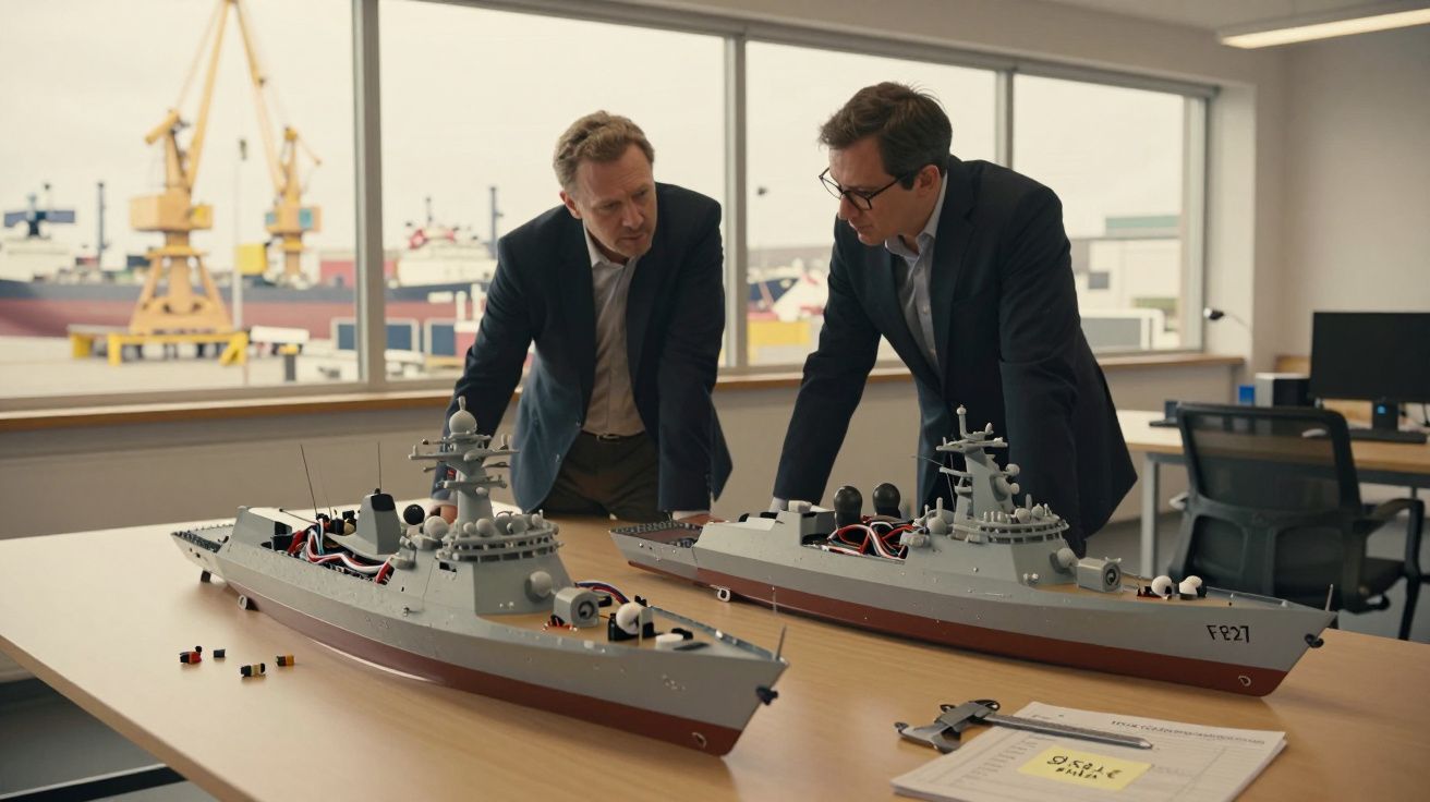 Dwaj mężczyźni w biurze rozmawiają nad modelami statków na biurku.